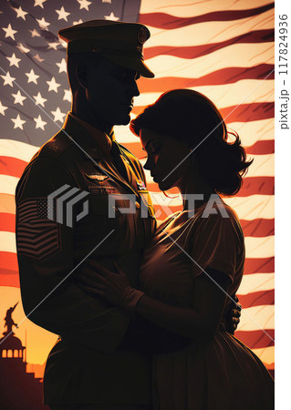 Soldier in american military uniform with his wife and USA flag in the background. 117824936