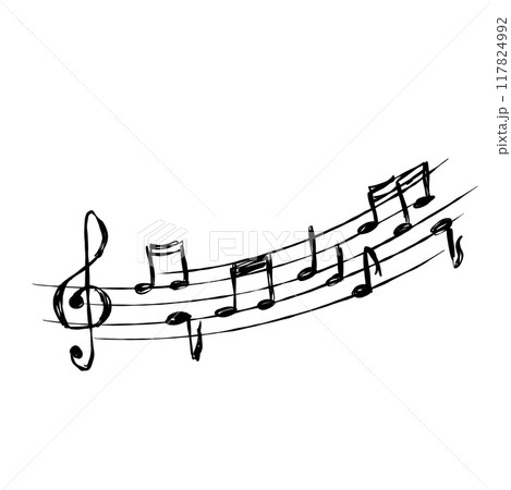 Music note. Musical sketch design. Creative retro musical song. Simple sound sheet drawing. Black and white doodle melody tone and music key 117824992