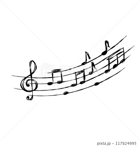 Music note. Simple sound sheet drawing. Musical sketch design. Creative retro musical song. Black and white doodle melody tone and music key 117824995