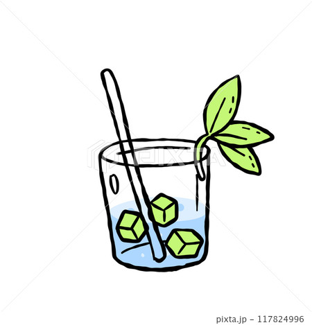 Water glass. Cartoon cup with blue juice. Summer glassware with water. Pure vodka drink with straw. Cold mineral cocktail. Hand drawn fresh refreshment beverage 117824996