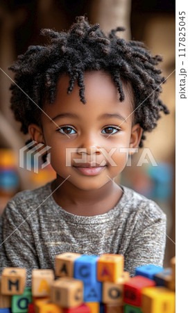 Concept back to school, a portrait of african child learning letters, education in classroom or kindergarten. 117825045