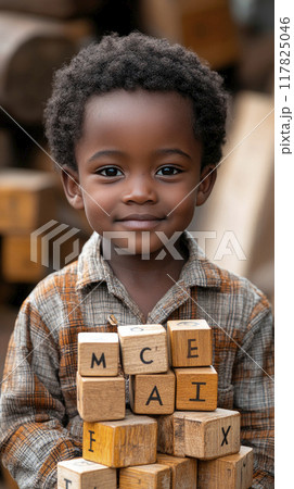 Concept back to school, a portrait of african child learning letters, education in classroom or kindergarten. 117825046
