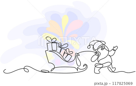Little Santa carrying sleigh with gifts boxes. Continuous one line drawing. Little Santa carrying sleigh with gifts boxes. Continuous one line drawing. 117825069