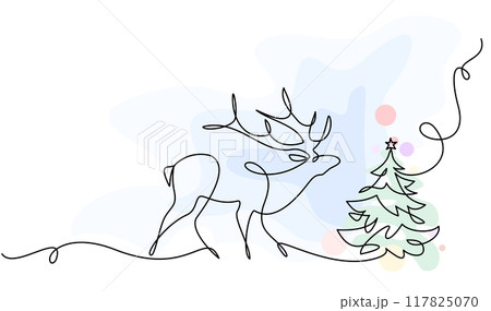 Deer. Christmas or New Year decoration. Continuous one line drawing. Deer. Christmas or New Year decoration. Continuous one line drawing. 117825070