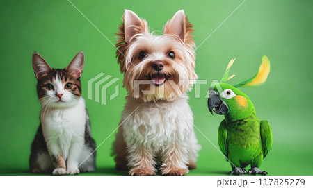 Funny cute pets on a green background. Smiling Yorkshire terrier and green parrot, cat looking at camera. Banner for pet store. Domestic animals. AI-generated item 117825279