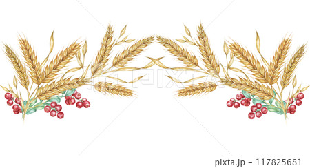 Wheat seamless border clipart combines watercolor wheat stalks with red berries, creating a charming design element for your projects. Perfect for holiday-themed designs, invitations, and crafts Wheat seamless border clipart combines watercolor wheat stalks with red berries, creating a charming design element for your projects. Perfect for holiday-themed designs, invitations, and crafts 117825681