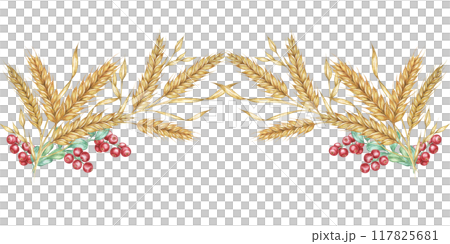 Wheat seamless border clipart combines watercolor wheat stalks with red berries, creating a charming design element for your projects. Perfect for holiday-themed designs, invitations, and crafts Wheat seamless border clipart combines watercolor wheat stalks with red berries, creating a charming design element for your projects. Perfect for holiday-themed designs, invitations, and crafts 117825681
