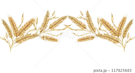 Wheat seamless border features golden watercolor wheat stalks arranged in a seamless pattern, ideal for rustic-themed projects. Use this clipart for stationery, web design, and print materials 117825683