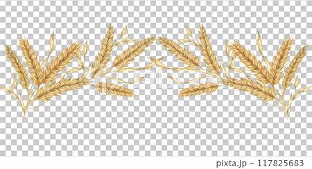 Wheat seamless border features golden watercolor wheat stalks arranged in a seamless pattern, ideal for rustic-themed projects. Use this clipart for stationery, web design, and print materials 117825683