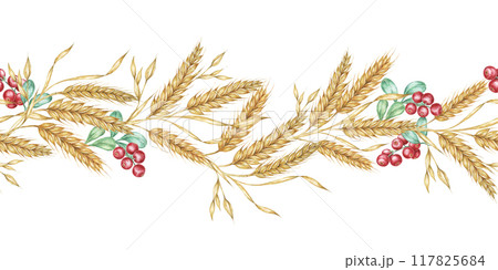 Wheat seamless border clipart showcases watercolor illustrations of wheat stalks interspersed with berries, adding a twist to your design projects. Great for holiday cards, scrapbooking, and gift wrap Wheat seamless border clipart showcases watercolor illustrations of wheat stalks interspersed with berries, adding a twist to your design projects. Great for holiday cards, scrapbooking, and gift wrap 117825684