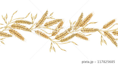 Wheat seamless border clipart with golden barley stalks in watercolor, ideal for enhancing agricultural or rustic-themed designs. Suitable for use in invitations, posters, and home decor items Wheat seamless border clipart with golden barley stalks in watercolor, ideal for enhancing agricultural or rustic-themed designs. Suitable for use in invitations, posters, and home decor items 117825685