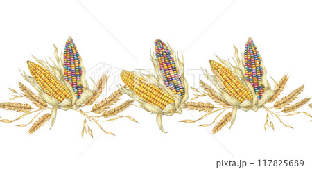 Corn seamless border clipart features watercolor corn cobs in multiple colors, perfect for adding a touch of nature to your designs. Ideal for use in brochures, banners, and fabric prints Corn seamless border clipart features watercolor corn cobs in multiple colors, perfect for adding a touch of nature to your designs. Ideal for use in brochures, banners, and fabric prints 117825689
