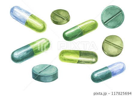 Capsules and tablets set. Pills watercolor clipart with varying shades and shapes, for medical-themed designs, wellness illustrations, healthcare advertisements, and educational content 117825694