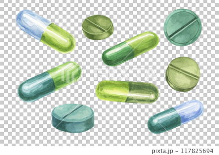 Capsules and tablets set. Pills watercolor clipart with varying shades and shapes, for medical-themed designs, wellness illustrations, healthcare advertisements, and educational content 117825694