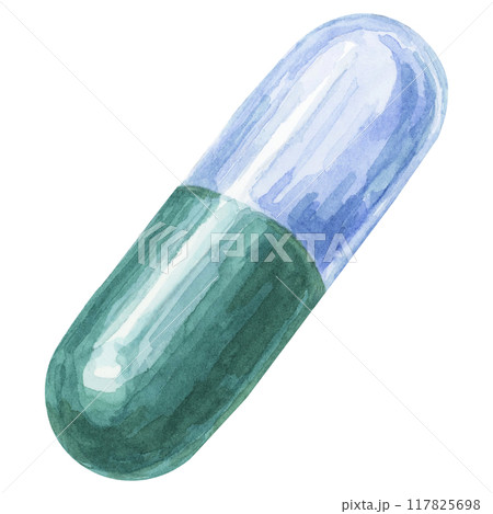 Softgel watercolor clipart featuring a green capsule with a glossy finish, ideal for healthcare designs. Use in pharmaceutical packaging, health and wellness products, and educational illustrations. Softgel watercolor clipart featuring a green capsule with a glossy finish, ideal for healthcare designs. Use in pharmaceutical packaging, health and wellness products, and educational illustrations. 117825698