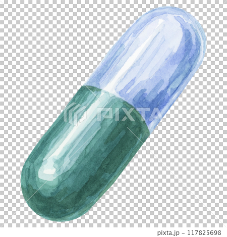 Softgel watercolor clipart featuring a green capsule with a glossy finish, ideal for healthcare designs. Use in pharmaceutical packaging, health and wellness products, and educational illustrations. Softgel watercolor clipart featuring a green capsule with a glossy finish, ideal for healthcare designs. Use in pharmaceutical packaging, health and wellness products, and educational illustrations. 117825698