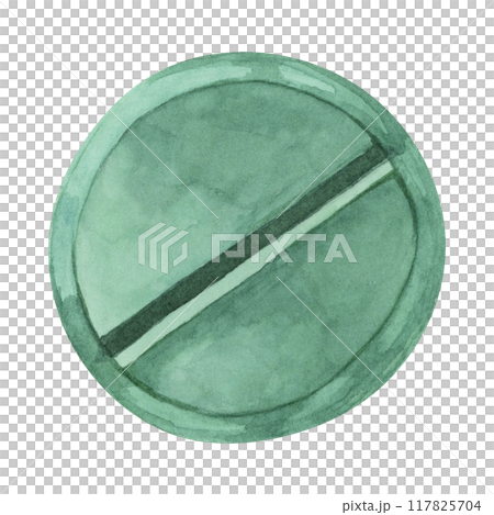 Medication watercolor clipart showcasing a round, green tablet with a bisecting line, ideal for medical and wellness projects, for pharmaceutical branding, health brochures, and educational materials Medication watercolor clipart showcasing a round, green tablet with a bisecting line, ideal for medical and wellness projects, for pharmaceutical branding, health brochures, and educational materials 117825704