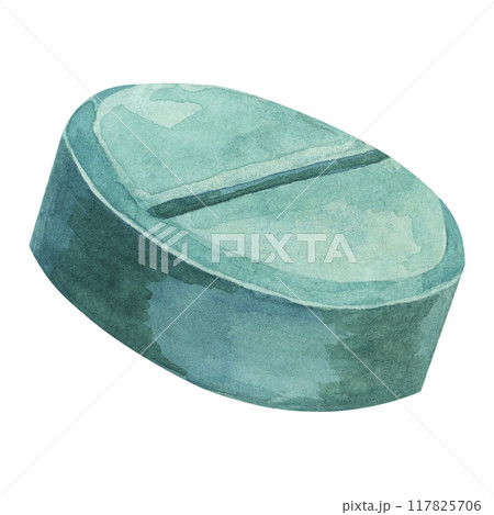 Pill watercolor clipart showcasing a round, blue-green tablet with a bisecting line, ideal for medical and wellness project, for pharmaceutical branding, health brochures, and educational materials 117825706