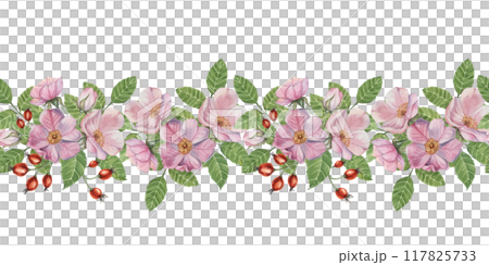 Wild rose seamless border with pink flowers, green leaves and red rosehips in watercolor, Romantic design for weddings, cards. Clipart for use in invitations, stationery, and home decor 117825733