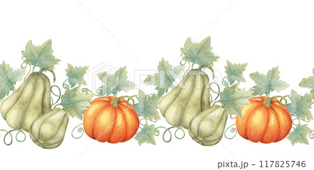 Squash seamless border clipart presents a mix of green, and orange gourds with watercolor leaves, ideal for creating harvest-themed designs. Perfect for stationery, scrapbooking, and fabric prints Squash seamless border clipart presents a mix of green, and orange gourds with watercolor leaves, ideal for creating harvest-themed designs. Perfect for stationery, scrapbooking, and fabric prints 117825746