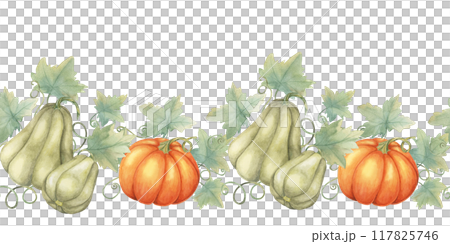 Squash seamless border clipart presents a mix of green, and orange gourds with watercolor leaves, ideal for creating harvest-themed designs. Perfect for stationery, scrapbooking, and fabric prints Squash seamless border clipart presents a mix of green, and orange gourds with watercolor leaves, ideal for creating harvest-themed designs. Perfect for stationery, scrapbooking, and fabric prints 117825746