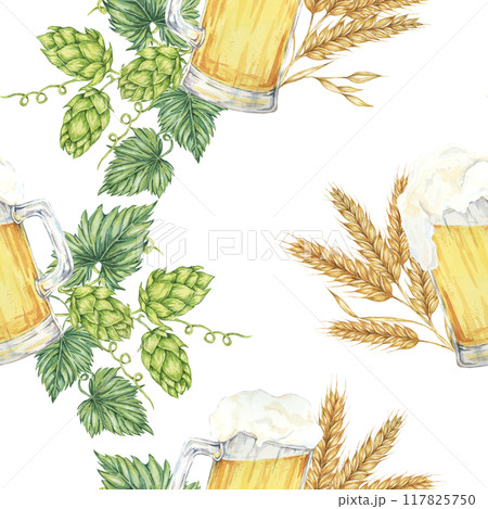 Beer mugs, barley spikes, and green hops background. Watercolor seamless pattern great for eco-friendly packaging, rustic home decor, nature-themed designs, and organic branding materials Beer mugs, barley spikes, and green hops background. Watercolor seamless pattern great for eco-friendly packaging, rustic home decor, nature-themed designs, and organic branding materials 117825750