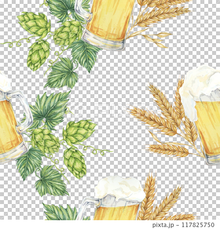 Beer mugs, barley spikes, and green hops background. Watercolor seamless pattern great for eco-friendly packaging, rustic home decor, nature-themed designs, and organic branding materials Beer mugs, barley spikes, and green hops background. Watercolor seamless pattern great for eco-friendly packaging, rustic home decor, nature-themed designs, and organic branding materials 117825750