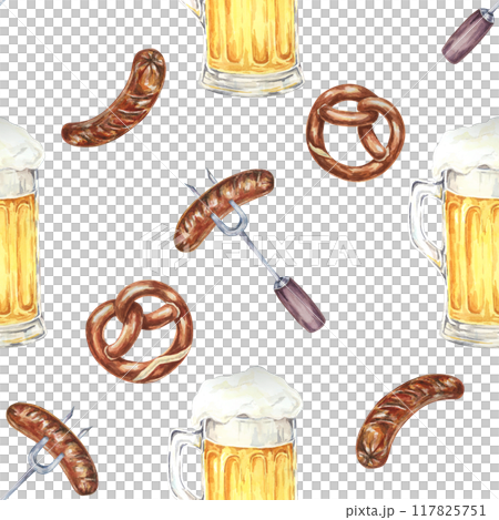 Beer mugs, pretzels, and sausages background. Watercolor seamless pattern Ideal for party supplies, event invitations, kitchen decor, and Oktoberfest-themed merchandise and decorations Beer mugs, pretzels, and sausages background. Watercolor seamless pattern Ideal for party supplies, event invitations, kitchen decor, and Oktoberfest-themed merchandise and decorations 117825751