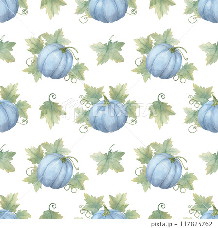 Blue pumpkins with green leaves and vines background clipart. Seamless watercolor pattern Great for creating autumn-inspired home decor, event invitations, party supplies, and eco-friendly packaging Blue pumpkins with green leaves and vines background clipart. Seamless watercolor pattern Great for creating autumn-inspired home decor, event invitations, party supplies, and eco-friendly packaging 117825762