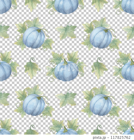 Blue pumpkins with green leaves and vines background clipart. Seamless watercolor pattern Great for creating autumn-inspired home decor, event invitations, party supplies, and eco-friendly packaging Blue pumpkins with green leaves and vines background clipart. Seamless watercolor pattern Great for creating autumn-inspired home decor, event invitations, party supplies, and eco-friendly packaging 117825762