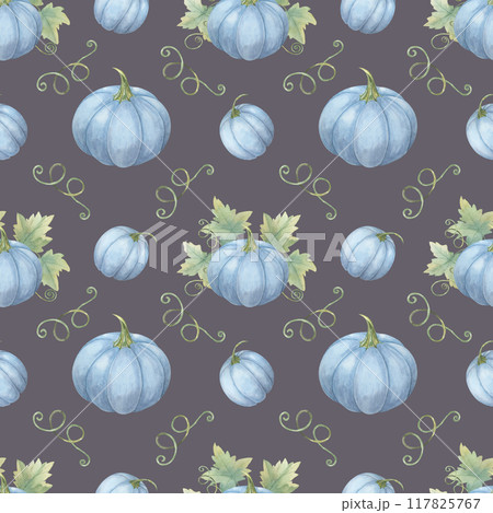 Seamless watercolor pattern with blue pumpkins and green leaves. Cozy background Ideal for creating festive tablecloths, party invitations, gift wrap, and seasonal home decor Seamless watercolor pattern with blue pumpkins and green leaves. Cozy background Ideal for creating festive tablecloths, party invitations, gift wrap, and seasonal home decor 117825767