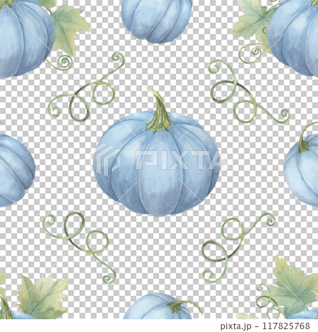 Blue pumpkins and green foliage background. Watercolor seamless pattern clipart perfect for autumn event invitations, home textiles, wrapping paper, and eco-friendly packaging designs 117825768