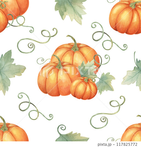 Watercolor seamless pattern featuring orange pumpkins and green leaves. Hand drawn backdrop clipart for autumn event invitations, home textiles, wrapping paper, and eco-friendly packaging designs. 117825772