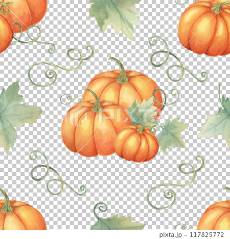 Watercolor seamless pattern featuring orange pumpkins and green leaves. Hand drawn backdrop clipart for autumn event invitations, home textiles, wrapping paper, and eco-friendly packaging designs. 117825772