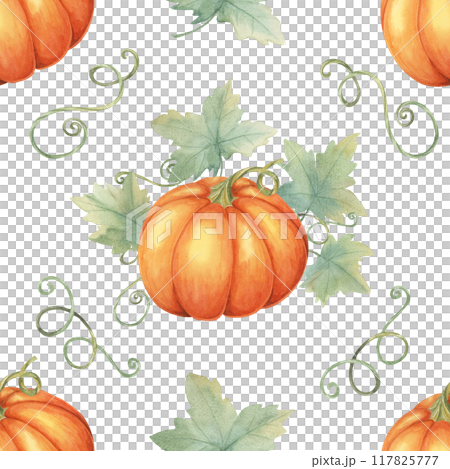 Orange pumpkins with green leaves and vines clipart. Watercolor seamless pattern Perfect for autumn-themed wrapping paper, fabric design, party invitations, and seasonal decorations. 117825777
