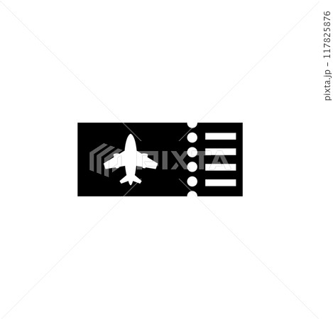 Black and white vector icon of a boarding pass featuring an airplane and barcode Black and white vector icon of a boarding pass featuring an airplane and barcode 117825876