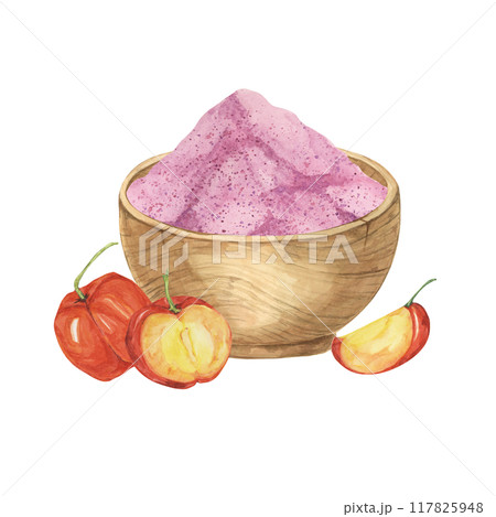 A bowl filled with pink acerola powder and fresh red Barbados cherries. Watercolor clipart of acerola berry superfood. Perfect for health product labels, recipe books, and wellness blogs A bowl filled with pink acerola powder and fresh red Barbados cherries. Watercolor clipart of acerola berry superfood. Perfect for health product labels, recipe books, and wellness blogs 117825948