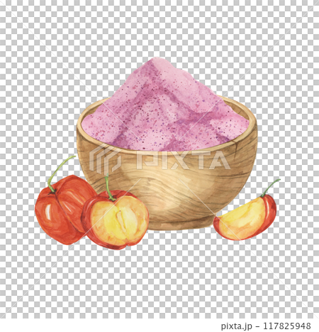 A bowl filled with pink acerola powder and fresh red Barbados cherries. Watercolor clipart of acerola berry superfood. Perfect for health product labels, recipe books, and wellness blogs A bowl filled with pink acerola powder and fresh red Barbados cherries. Watercolor clipart of acerola berry superfood. Perfect for health product labels, recipe books, and wellness blogs 117825948
