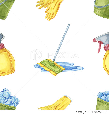 Mops, buckets, and gloves as watercolor seamless pattern. Watercolor backdrop for custom fabric prints, packaging designs for cleaning products, and promotional materials for cleaning services 117825950