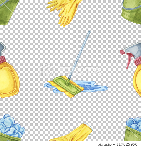 Mops, buckets, and gloves as watercolor seamless pattern. Watercolor backdrop for custom fabric prints, packaging designs for cleaning products, and promotional materials for cleaning services 117825950