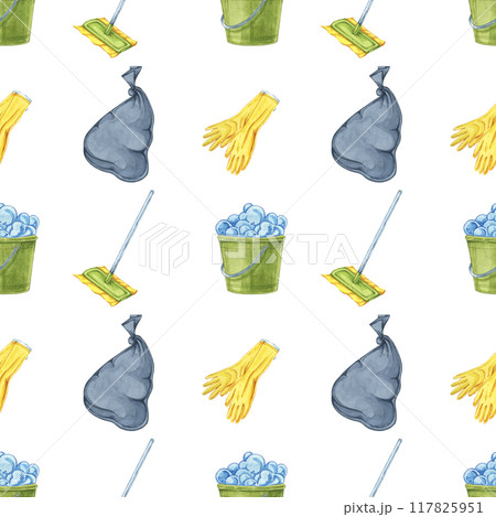 Garbage bags, mops, and gloves as seamless pattern in watercolor. Background ideal for wrapping paper, educational materials on cleanliness, and branding for cleaning services and products 117825951