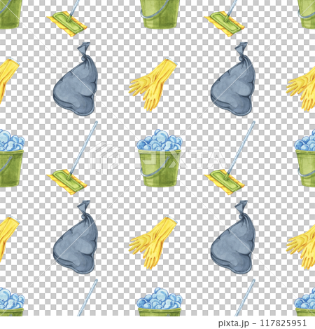 Garbage bags, mops, and gloves as seamless pattern in watercolor. Background ideal for wrapping paper, educational materials on cleanliness, and branding for cleaning services and products 117825951