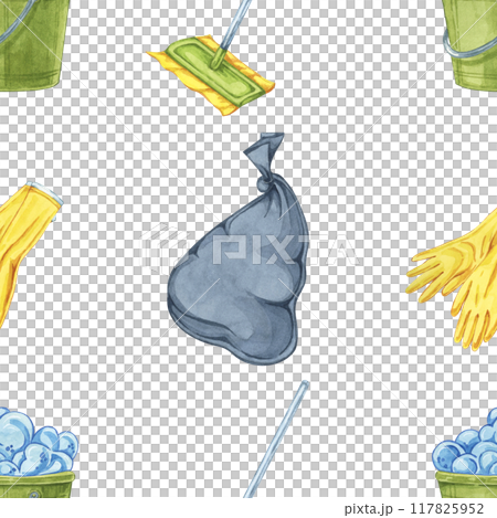 Mix of cleaning tools such as garbage bags, gloves, and mops. Watercolor seamless pattern for use in custom fabric designs, cleaning service advertisements, and home organization guides 117825952