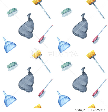 Black garbage bags, brooms, and dustpans watercolor seamless pattern. Clipart for backgrounds in presentations about recycling, cleaning product packaging, and educational materials on waste disposal 117825953