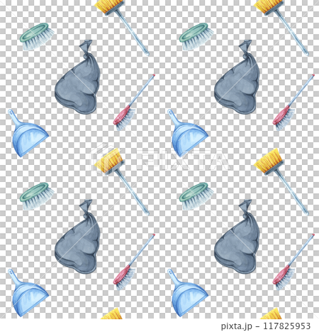 Black garbage bags, brooms, and dustpans watercolor seamless pattern. Clipart for backgrounds in presentations about recycling, cleaning product packaging, and educational materials on waste disposal 117825953