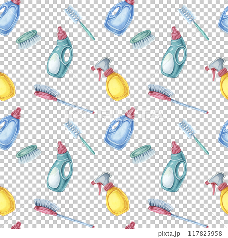 Housekeeping seamless pattern showcasing spray bottles, detergent, brushes, and sponges. Clipart for wallpaper designs, home cleaning blogs, and product packaging for household cleaning items 117825958