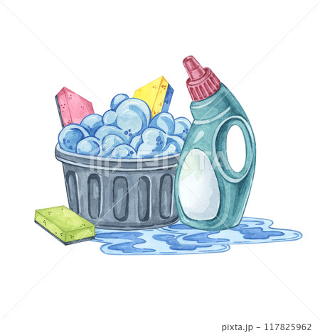 Black basket filled with foam and cleaning supplies. Watercolor cliparts of spray bottle, detergent, sponges for cleaning product labels, housekeeping service advertisements, DIY cleaning tutorials. 117825962