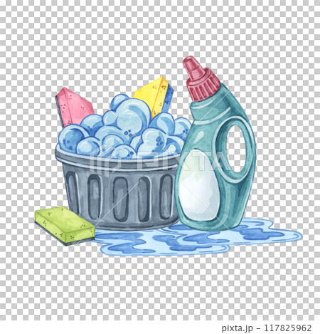 Black basket filled with foam and cleaning supplies. Watercolor cliparts of spray bottle, detergent, sponges for cleaning product labels, housekeeping service advertisements, DIY cleaning tutorials. 117825962