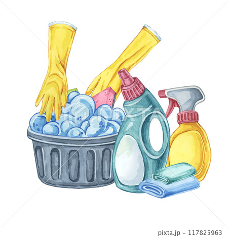 Black basket with soap lather, cleaning supplies, spray bottles, detergent, and gloves. Clipart for advertisements cleaning services, eco-friendly cleaning product campaigns, and housekeeping blogs Black basket with soap lather, cleaning supplies, spray bottles, detergent, and gloves. Clipart for advertisements cleaning services, eco-friendly cleaning product campaigns, and housekeeping blogs 117825963