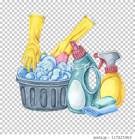 Black basket with soap lather, cleaning supplies, spray bottles, detergent, and gloves. Clipart for advertisements cleaning services, eco-friendly cleaning product campaigns, and housekeeping blogs Black basket with soap lather, cleaning supplies, spray bottles, detergent, and gloves. Clipart for advertisements cleaning services, eco-friendly cleaning product campaigns, and housekeeping blogs 117825963